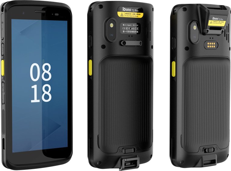 מסופון iData T1 Pro — מבט קדמי ואחורי, מכשיר אנדרואיד מוקשח עם סורק עליון וסוללה נשלפת
